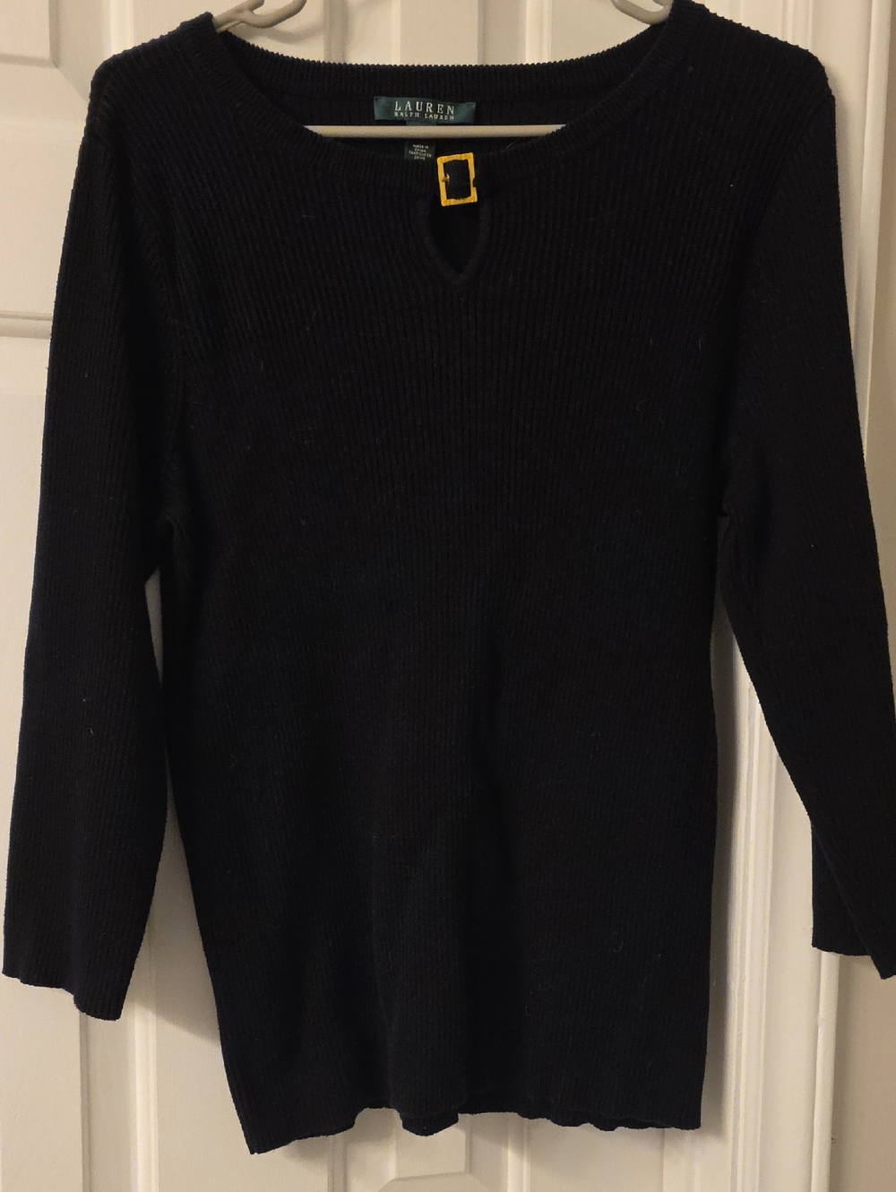 Lauren Ralph Lauren Black Ribbed Crewneck Sweater with Gold Buckle Accent